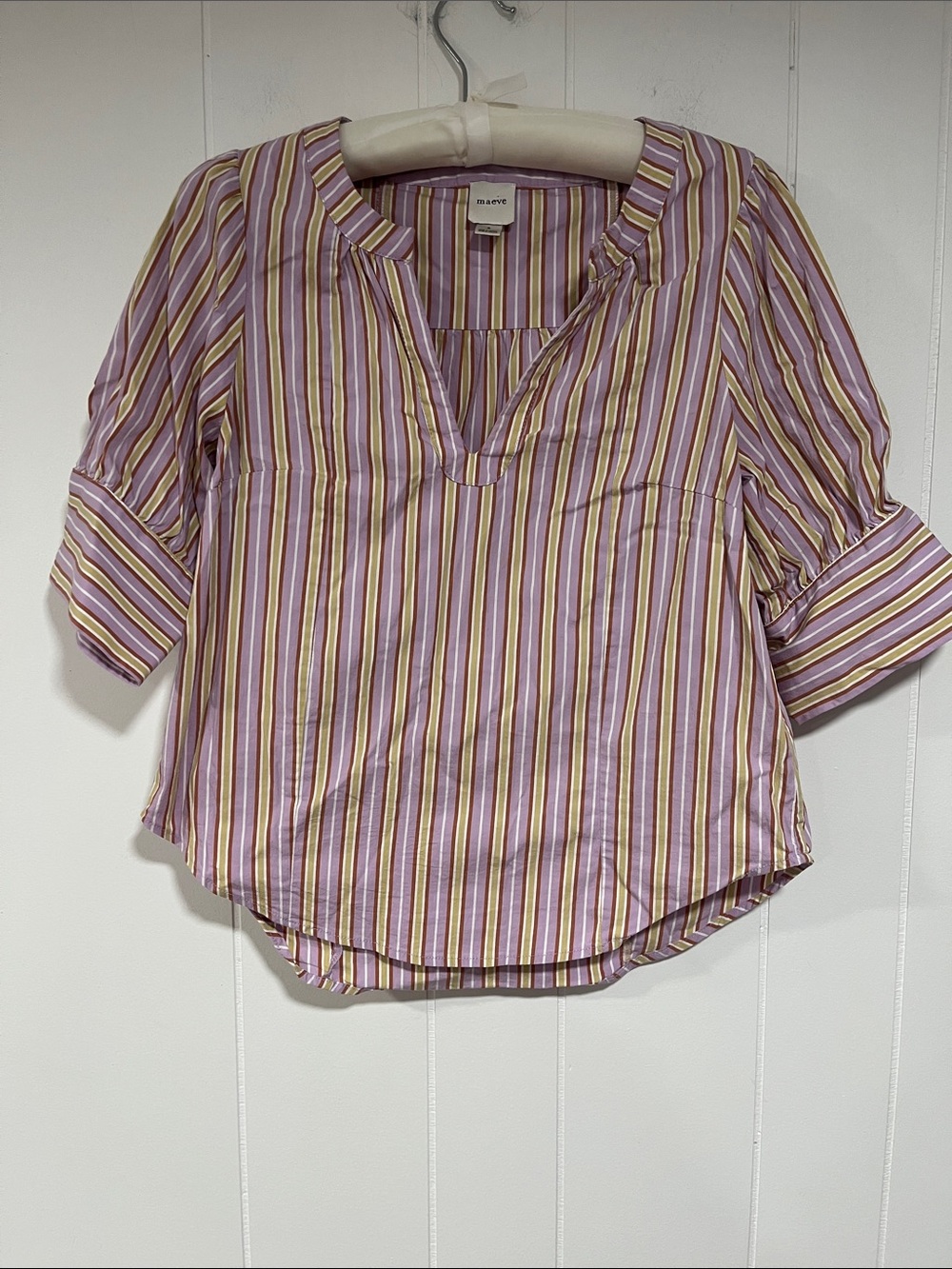 Maeve Lavender, Yellow & White Striped V-Neck Tunic Top S bohemian